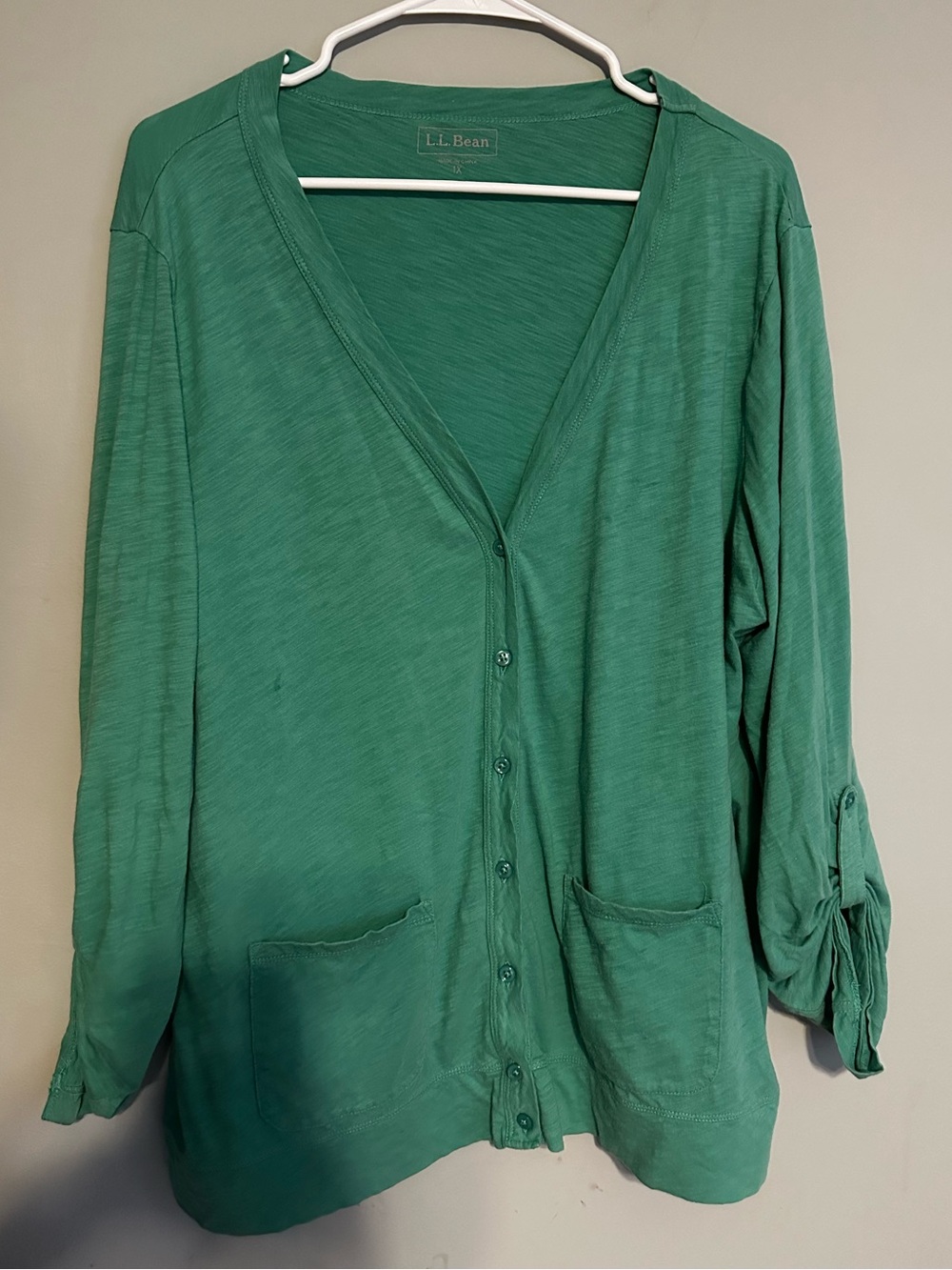 LL Bean Women 1X Green Slub Cotton Button Front Roll Sleeve Cardigan Layering
